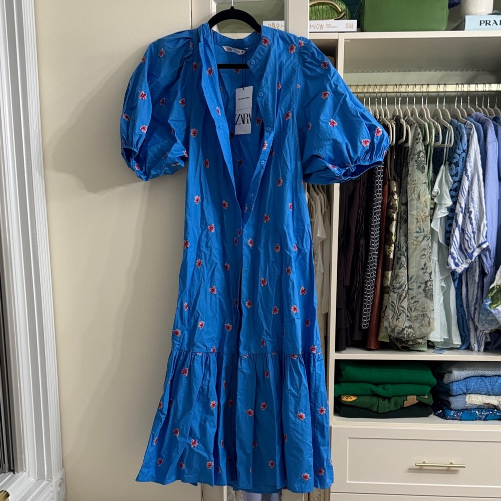 Zara Vibrant Blue Midi Dress with pink Floral Accents NWT